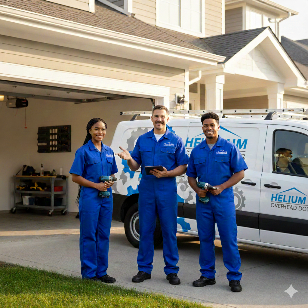 Expert technicians working on garage door