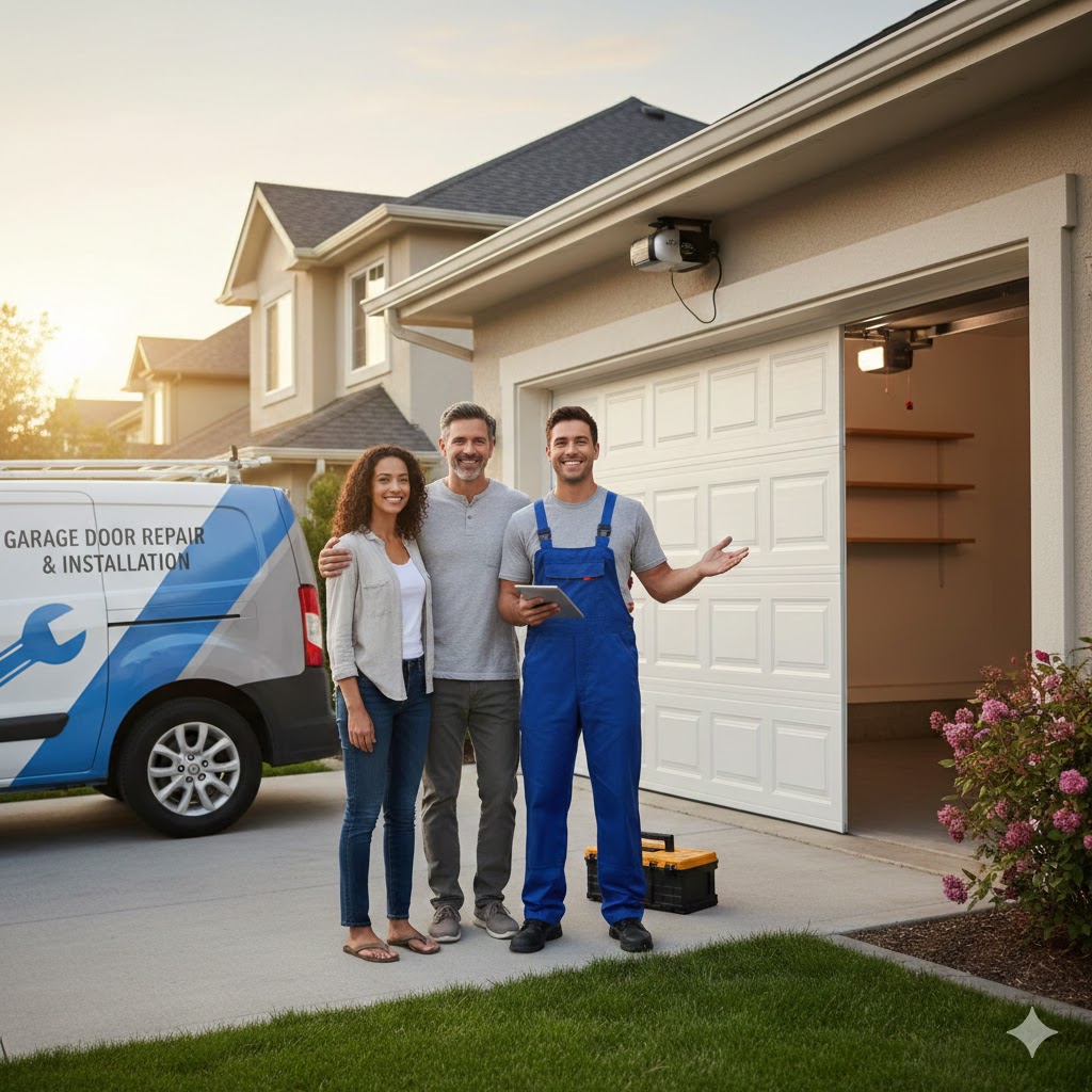 Happy customers with their new overhead garage door
